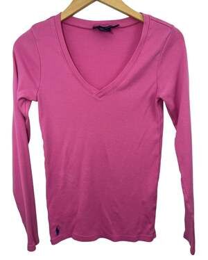 Ralph Lauren Sport V-Neck Top Pink Pony Medium Long Sleeve Old Money Women’s